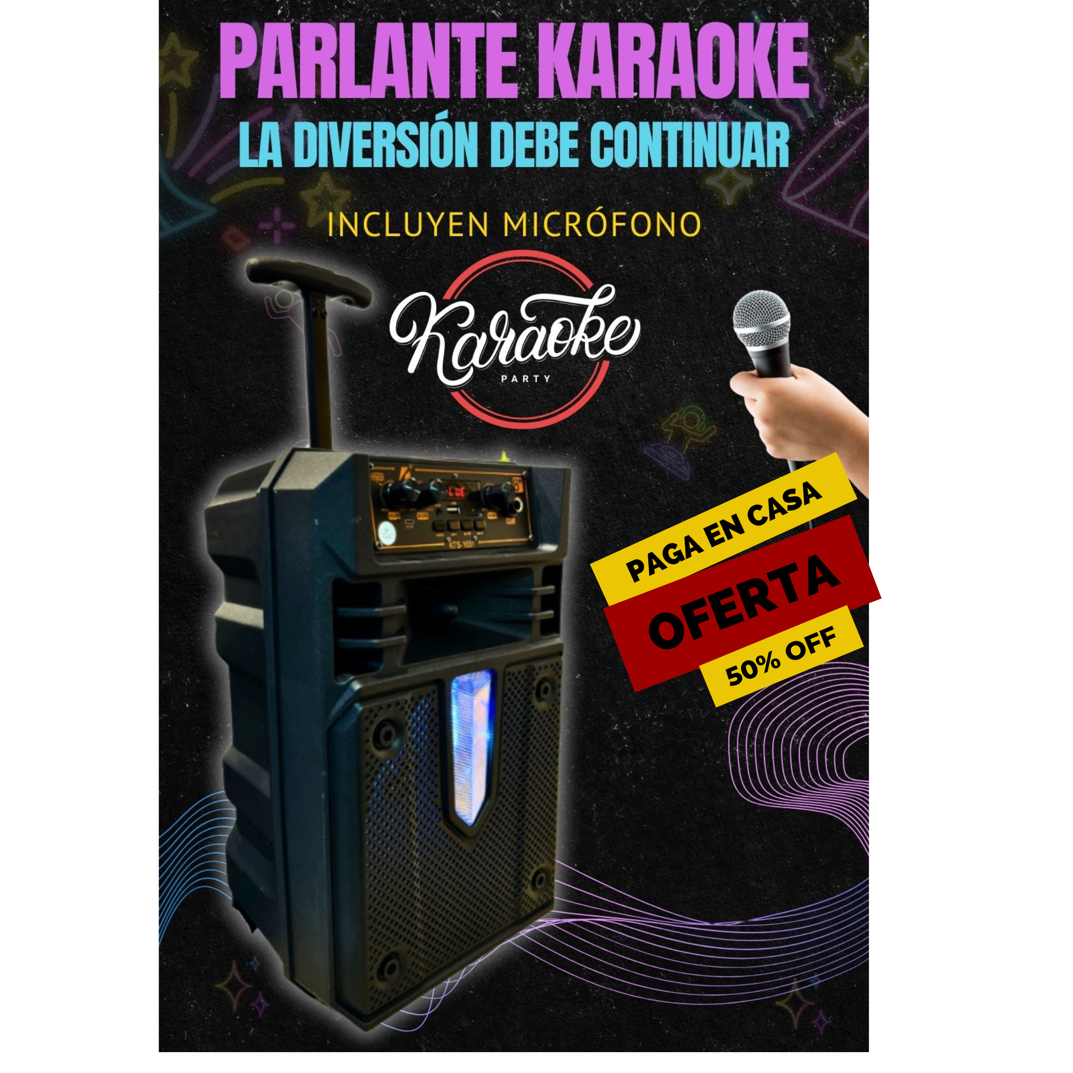 PARLANTE KARAOKE KTS CON MICRÓFONO (TIPO MALETA CON ASA Y RUEDAS)